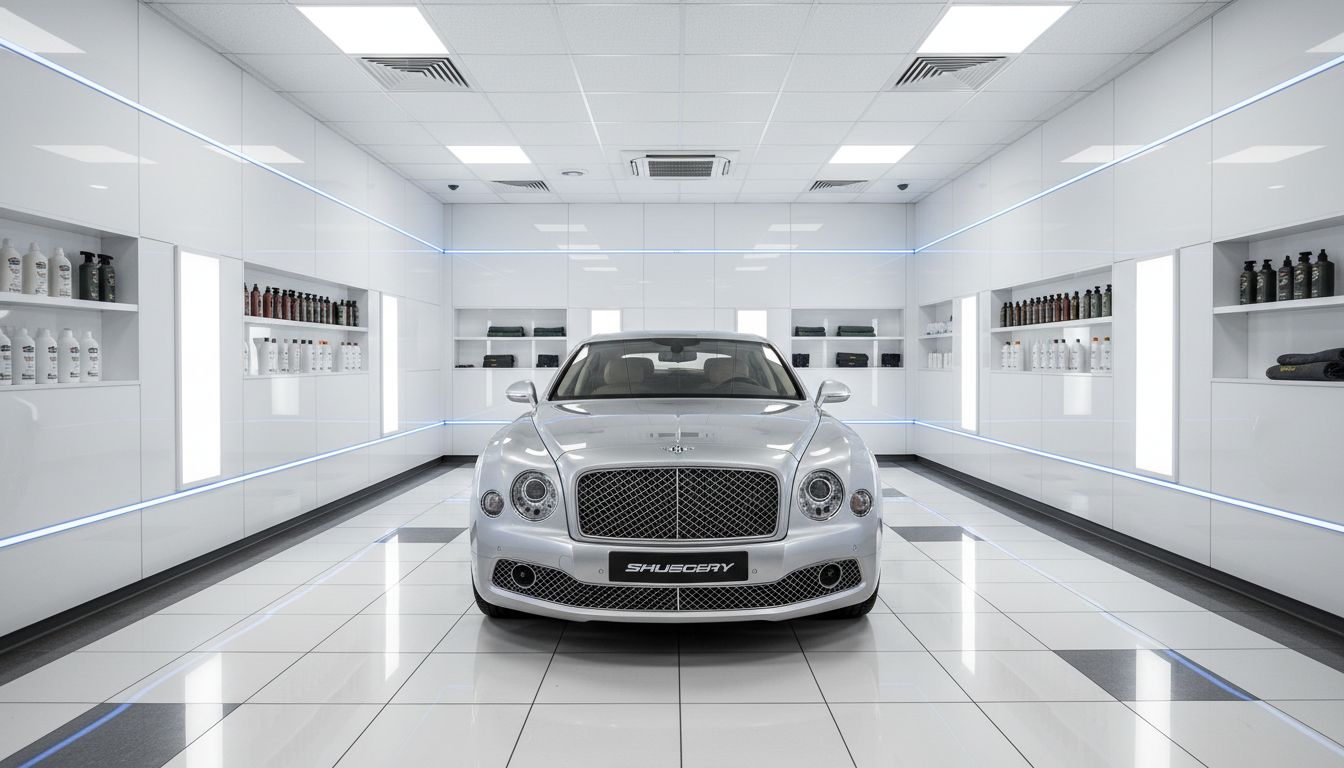 A gleaming silver luxury sedan with perfectly polished, mirror-like paint and intricate reflections, centered in a state-of-the-art detailing studio. The environment features clean, structured white walls, organized storage showcasing premium car care products, and a flawless tiled floor. Flooded with balanced, diffused overhead lighting and subtle ambient accent lights, the scene emphasizes the vehicle's pristine surfaces. Captured from a slightly elevated, frontal angle for a composed and professional layout. The overall atmosphere is calm, meticulous, and corporate, with photographic realism and clean lines to evoke trust and high-quality service.